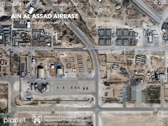 This satellite image provided by Middlebury Institute of International Studies and Planet Labs Inc. shows the damage caused from an Iranian missile strike at the Ain al-Asad air base in Iraq. Picture: Planet Labs Inc./Middlebury Institute of International Studies via AP