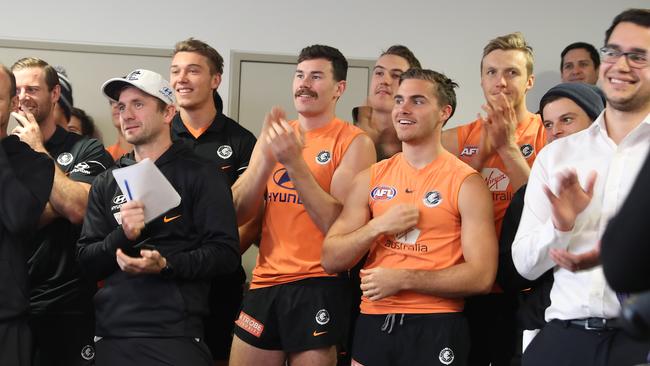 Carlton players and staff lap up the announcement of newly-appointed coach David Teague. Pic: Getty Images