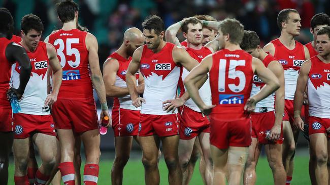 Dejected Sydney players after their narrow loss to Hawthorn. Picture. Phil Hillyard