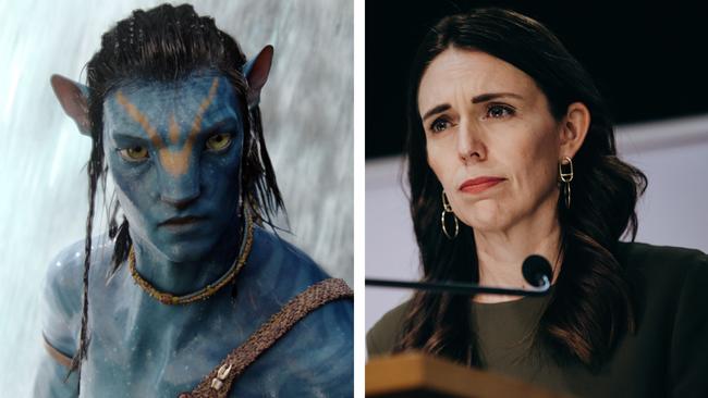 Sam Worthington as Jake Sully in Avatar, left, and New Zealand PM Jacinda Ardern.