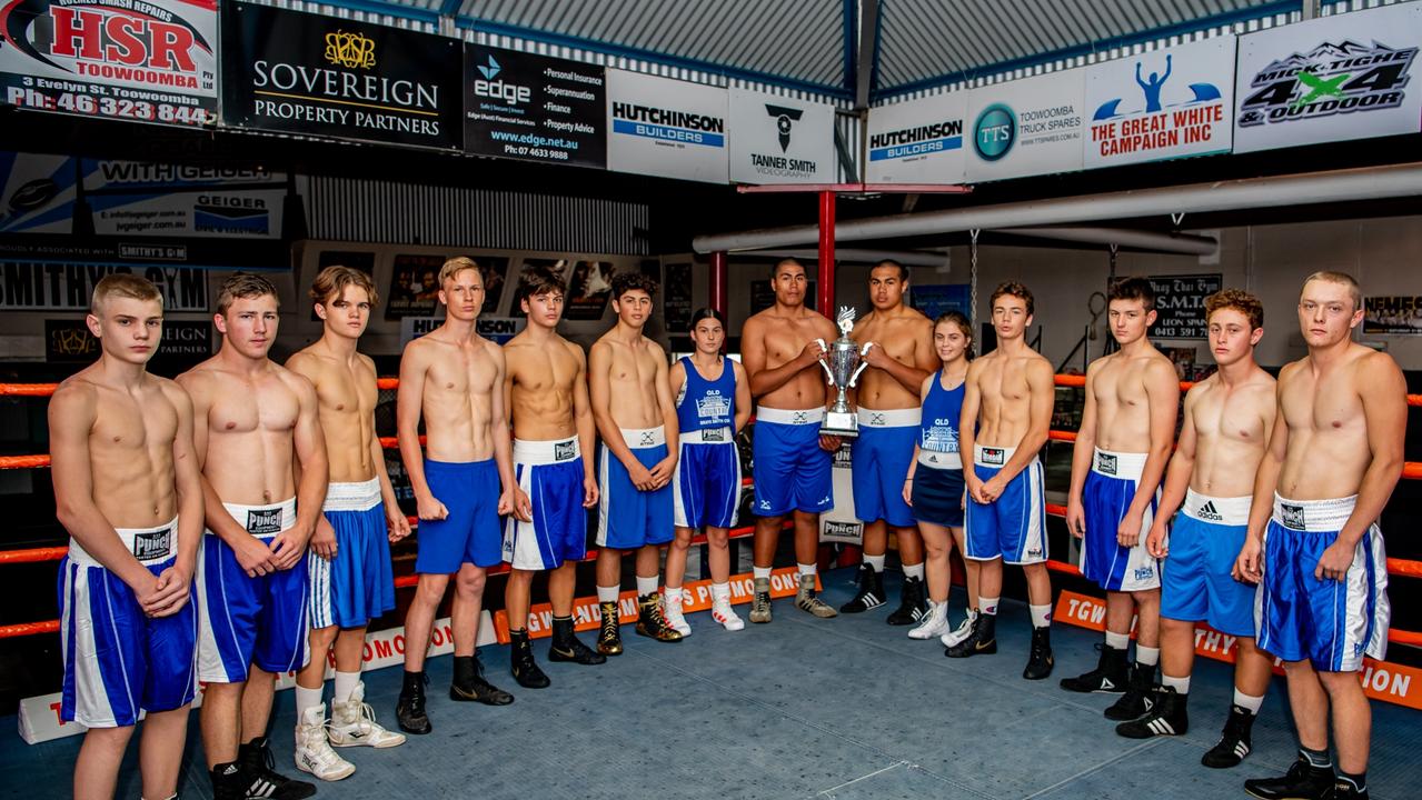 Toowoomba region amateur boxers at TGW &amp; Smithy’s Gym this week preparing to line up for Country against City in next Saturday's Brayd Smith Cup tournament at Rumours International (from left) Lachie Sutcliffe, Jackson Griffith, Harrison Edwards, Cassidy Thornbury, Sam Newton, George Christodoulou, Jayde Rolph, Salle De La Va'a, Xavier Va'a, Anna Christodoulou, Jacob Thompson, Ruben Brown, Dimi Christodoulou and Will Anderson. Picture: David Lobwein.