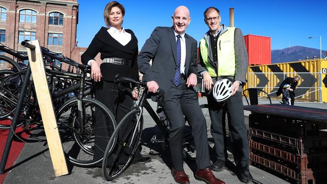 Macquarie Point Development Corporation chief Mary Massina, Treasurer Peter Gutwein and Corey Peterson, from the Hobart City Council's Bicycle Advisory Committee, at the announcement that the intercity cycleway will be routed through Macquarie Point. Picture: LUKE BOWDEN