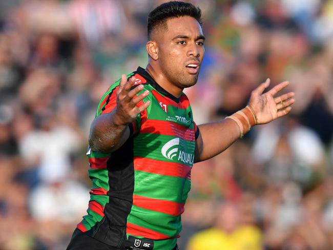 Junior Tatola of the Rabbitohs is seen during the Round 5 NRL match between the South Sydney Rabbitohs and the New Zealand Warriors at Sunshine Coast Stadium on the Sunshine Coast, Saturday, April 13, 2019. (AAP Image/Darren England) NO ARCHIVING, EDITORIAL USE ONLY