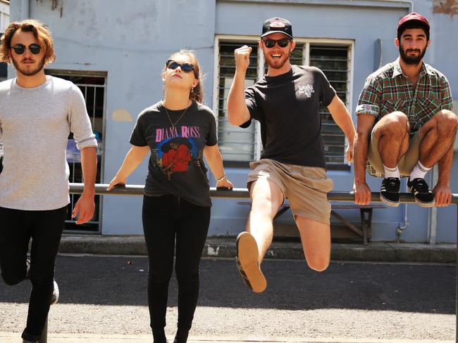 Rock band San Cisco, with members from left, Jordi Davieson, Scarlett Stevens, Nick Gardner and Josh Biondillo in Surry Hills, Sydney. pic Mark Evans