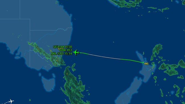 Qantas flight QF144 from Auckland was watched by thousands online after pilots issued a mayday call when an engine failed. Picture: Flightradar24