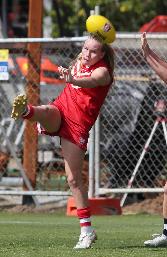 AFLQ SEQ Schools Cup action – PBC player Alannah Welsh. Picture Glenn Hampson