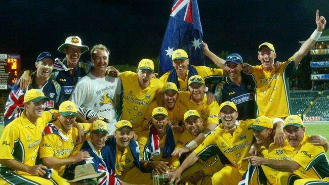 Jimmy Maher (far left) and his phantom race calls were a big part of the behind-the-scenes bonding that helped the Warne-less Aussies win the 2003 World Cup. Picture: Phil Hillyard