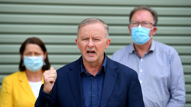 Anthony Albanese at a fire station in Moruya, in the NSW electorate of Gilmore, on Thursday. Picture: AAP