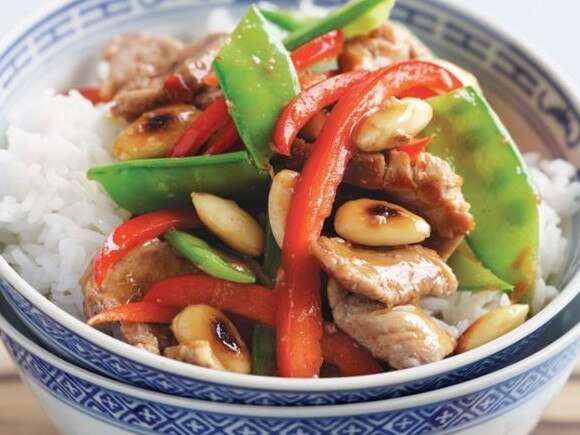 Pork and almond stir-fry.