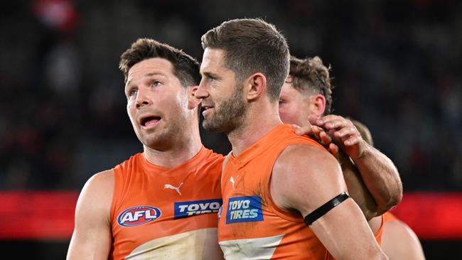 MELBOURNE, AUSTRALIA - MAY 11: Toby Greene of the Giants and Callan Ward of the Giants look dejected after  the round nine AFL match between Essendon Bombers and Greater Western Sydney Giants at Marvel Stadium, on May 11, 2024, in Melbourne, Australia. (Photo by Daniel Pockett/AFL Photos/via Getty Images)