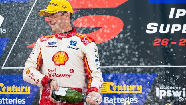 Shell V-Power Racing Team’s Ford Mustang driver Scott McLaughlin has sprayed the most champagne from the winner’s step on the Supercars podium this year. Picture: Daniel Kalisz/Getty Images