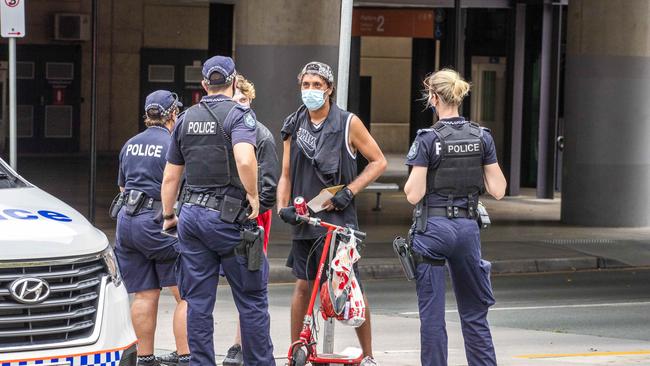 Police patrol South Bank during three-day COVID-19 lockdown of Brisbane today. Picture: Richard Walker