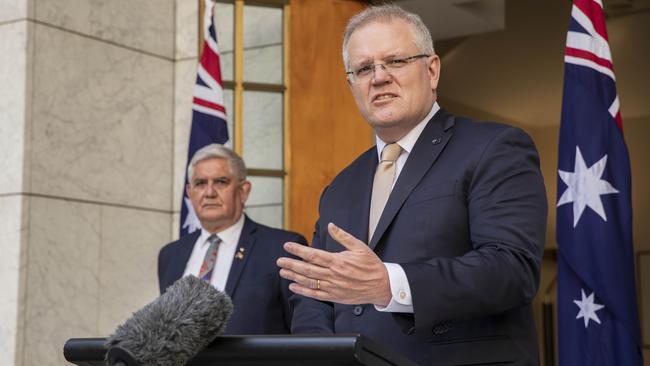 Prime Minister Scott Morrison and Minister for Indigenous Australians Ken Wyatt at Parliament House in Canberra. Picture: NCA NewsWire / Gary Ramage