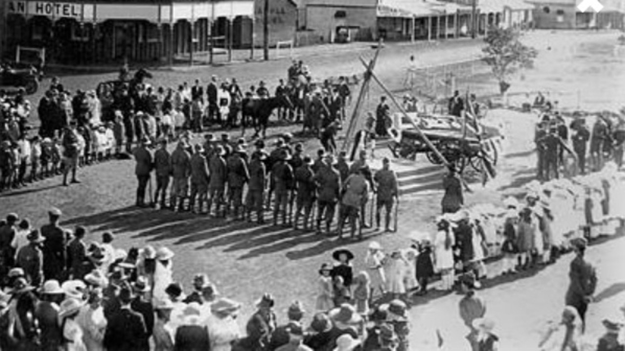 Laying of the Foundation Stone for the War Memorial, Murgon, ca. 1919. A significant moment captured as crowds gather in Lamb Street to commemorate the sacrifices of local servicemen. Source: QldPics