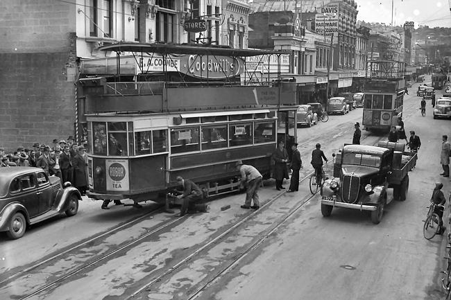 Double decker tram in Elizabeth Street, Hobart, in the 1930s.