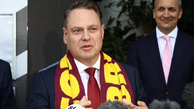 Brisbane Lord Mayor Adrian Schrinner celebrating Magic Round remaining in Brisbane for three more years. Picture: David Clark