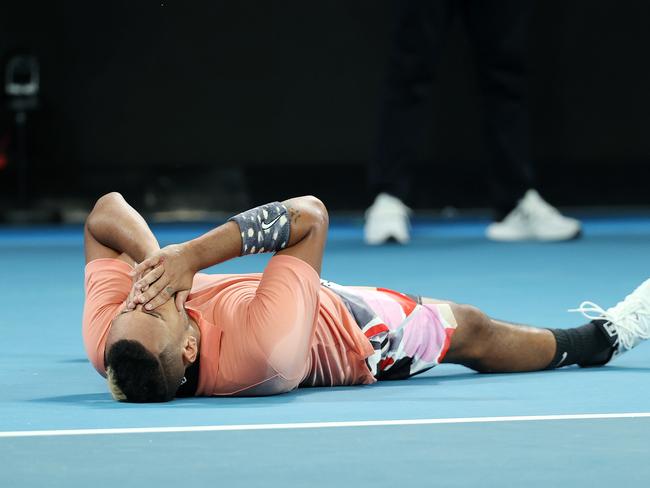 Australian Open Day 6 . 25/01/2020.  Nick Kyrgios vs  Karen Khachanov on Rod Laver Arena.  Nick Kyrgios drops to the ground after winning in 5 sets   . Pic: Michael Klein