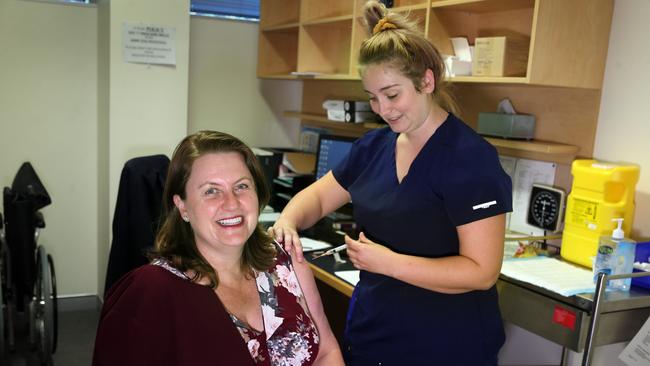 Ipswich Mayor Teresa Harding gets the vaccine at the Riverlink Medical Centre.