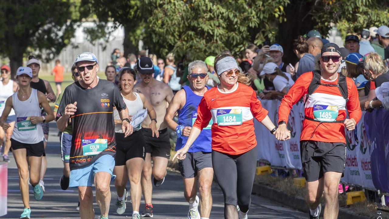 Barbara Bock and Stephen Maxl finish the Cadbury Half Marathon. Picture: Chris Kidd