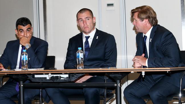 David Klemmer and Bulldogs coach Des Hasler at the NRL judiciary.
