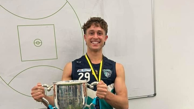 Taj Wyburd with the 2024 WAFL premiership cup. He has signed with Ocean Grove.