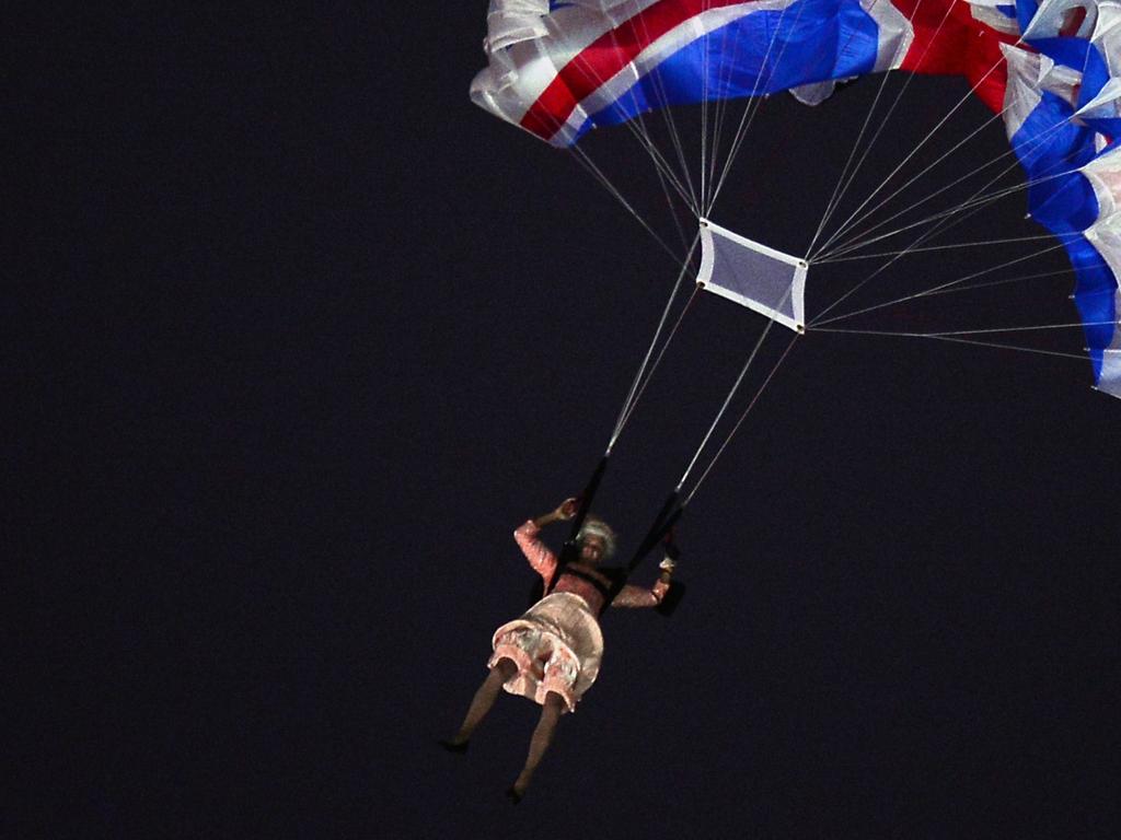 An actor dressed to resemble Britain's Queen Elizabeth II parachutes into the opening ceremony of the London 2012 Olympic Games. Picture: AFP