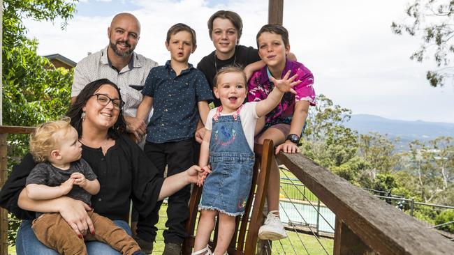 Evie and Shaun Albrew moved from Cairns to Toowoomba with their kids Nicholas, 14, Jaylen, 11, Emmett, 6, Audrey, 2 and one-year-old Max. Picture: Kevin Farmer