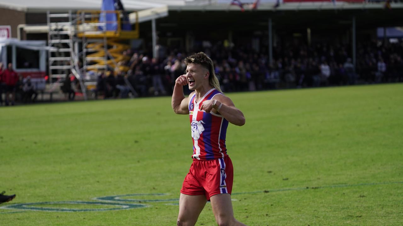 Thomas Baulch – Prime Train – celebrates a goal for Phillip Island. Picture: Supplied