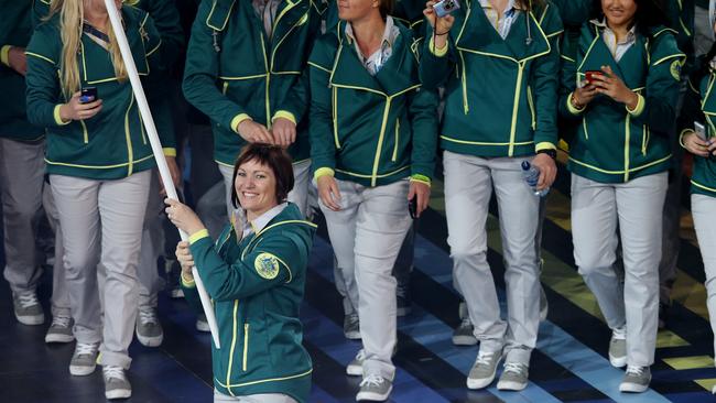 Anna Meares leads the Australian team at the opening ceremony.