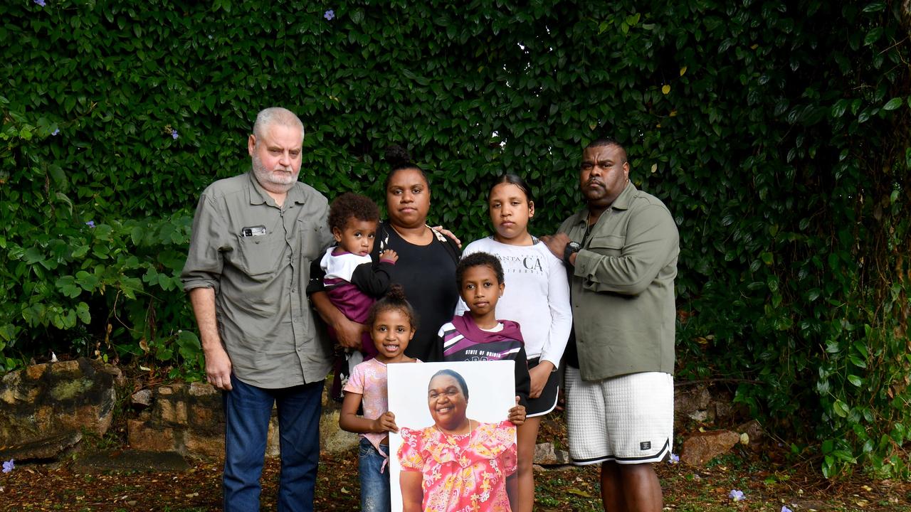 Matthew Farkas, Gracie Sailor and Wya Sailor with Missy, 12, Isaias, 8, Unique, 5, and Mataika, 1, with a image of Emma 'Alli' Sailor. Picture: Evan Morgan