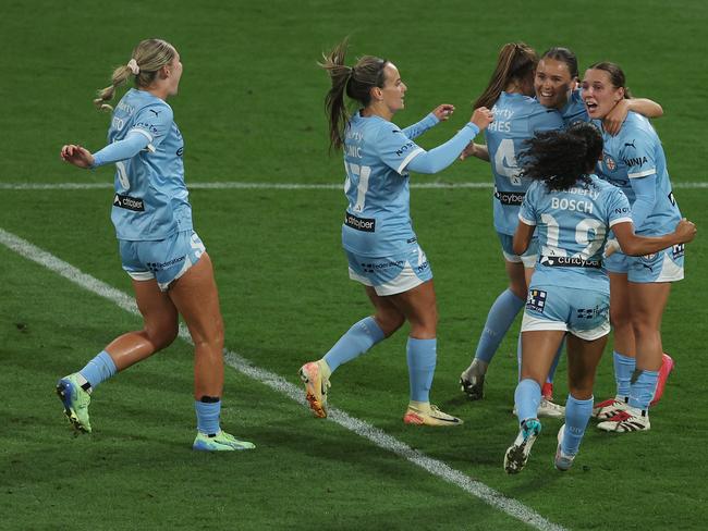 Melbourne City celebrate a goal in their win over Sydney FC. Picture: Getty