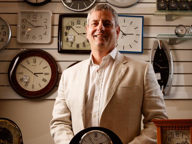 Tic:Toc CEO Anthony Baum with a range of clocks at JJ B rown Watchmakers. Adelaide's Tic:Toc Home Loans has been placed on KPMG's prestigious Fintech 100 list of emerging fintech companies.