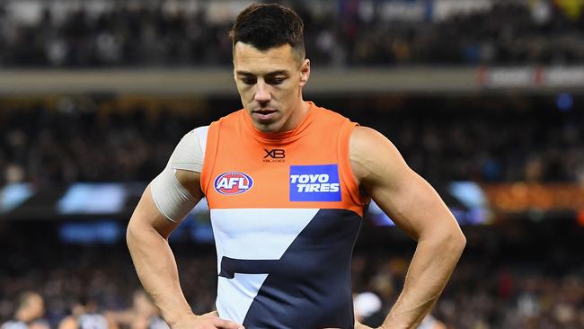 MELBOURNE, AUSTRALIA - SEPTEMBER 15:  Dylan Shiel of the Giants  looks dejected after losing the AFL Semi Final match between the Collingwood Magpies and the Greater Western Sydney Giants at Melbourne Cricket Ground on September 15, 2018 in Melbourne, Australia.  (Photo by Quinn Rooney/Getty Images)