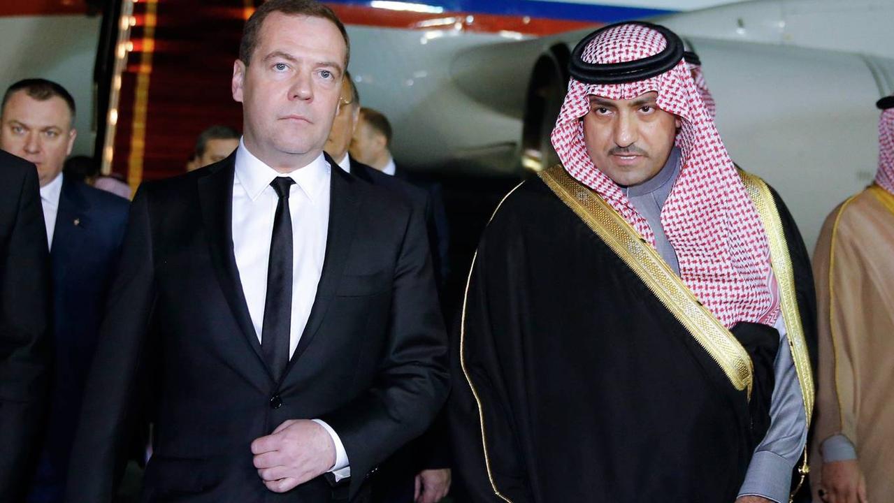 Saudi Prince Turki bin Abdullah Al Saud, centre, arrives with Russian Prime Minister Dmitry Medvedev for a mourning ceremony to pay tribute to late Saudi monarch King Abdullah in Riyadh in January, 2015. Picture: Getty