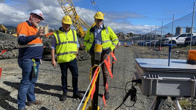 Tasmanian Premier Jeremy Rockliff and Infrastructure Minister Michael Ferguson inspect an infrastructure project on April 3.