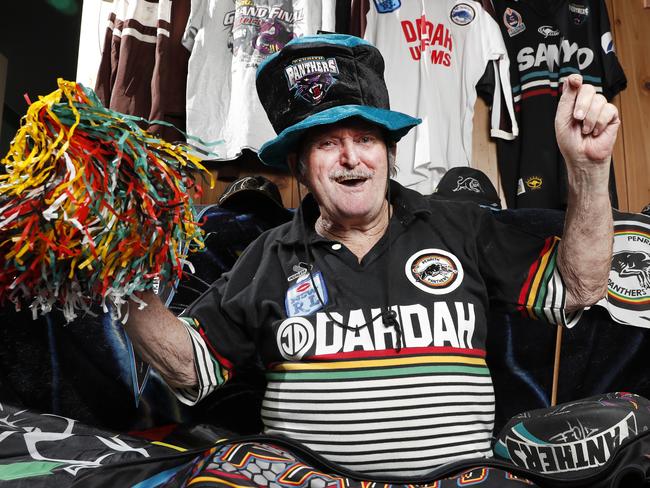 Panthers super fan Wayne Cook worked at the club for 14 years as a dressing room attendant. This will be the 4th Panthers NRL grand final he attends, pictured at his South Windsor home with some of his Panthers memorabilia. Picture: Jonathan Ng