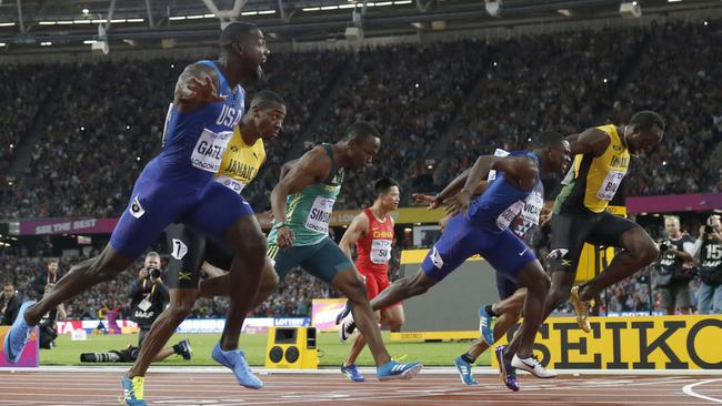 Justin Gatlin, left, crosses the line to win 100m gold ahead of Christian Coleman (US), second right, and bronze medal winner Jamaica’s Usain Bolt. Picture: AP