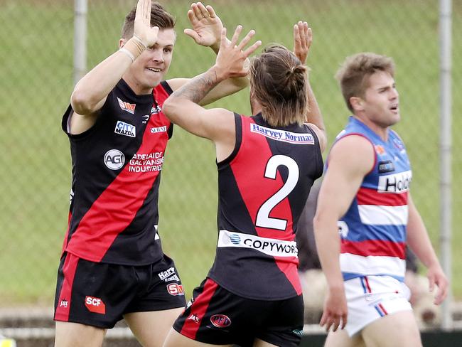 14/04/18 - SANFL - Central District v West Adelaide at Elizabeth Oval.  Aaron Fielke celebrates his goal with Kenneth Karpany. Picture SARAH REED