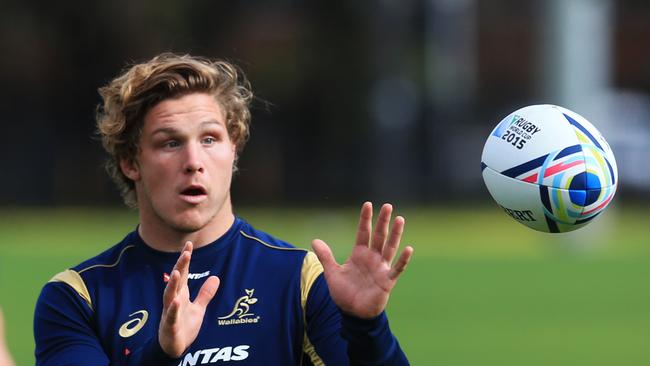 Michael Hooper catches a pass at Wallabies training.