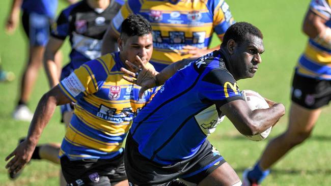 ATTACKING EDGE: Goodna back Ray Baira busts free of the Norths defence during last weekend's Rugby League Ipswich victory at Woogaroo Field. Picture: Rob Williams