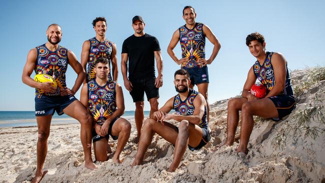 Adelaide’s 2019 indigenous guernsey by designer Andrew McLeod, middle. From left to right, indigenous players Cameron Ellis-Yolmen, Ben Davis, Tyson Stengle, Wayne Milera, Eddie Betts and Shane McAdam. Picture: Matt Turner.