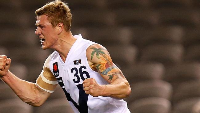 Tim Membrey celebrates a goal for Vic Country at the 2012 Under-18 national carnival.