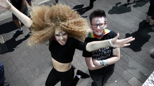 The Pride Parade from North Hobart to Parliament Lawns. in Hobart,, picture of frm left, Isabella Anthony of Bagdad with Daniel V from Bothwell,