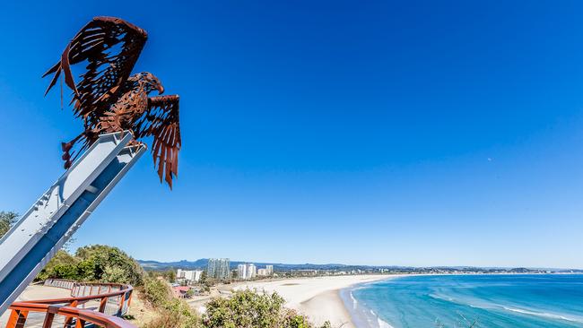 Used in tourism brochures - the eagle sculpture overlooks the beach from Kirra Hill. Picture: Destination Gold Coast