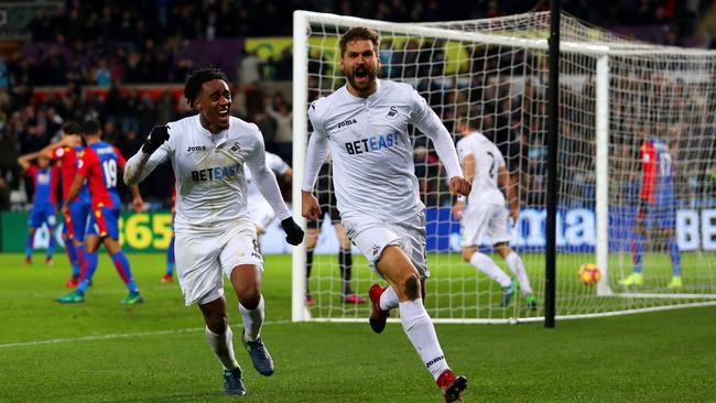 Fernando Llorente of Swansea City celebrates scoring.