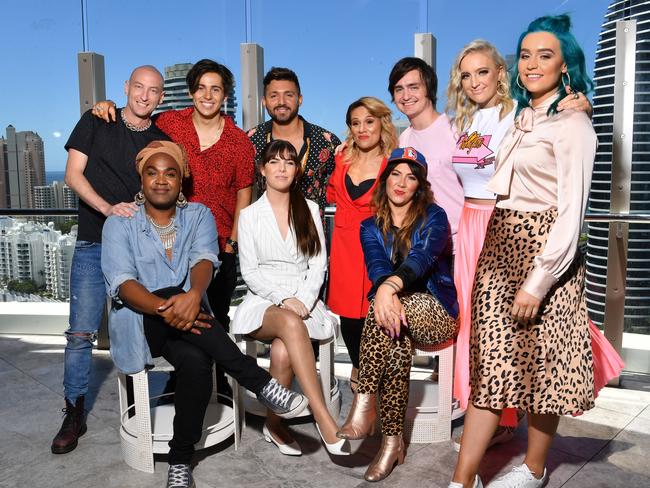 The line-up for the first Australia decides event. Performers (L-R back row) Michael Ross, Aydan Calafiore, Alfie Arcuri, Tania Doko, George Sheppard, Emma Sheppard and Amy Sheppard and (front left to right) Zaachariaha Fielding, Leea Nanos and Ella Hooper. Picture: AAP