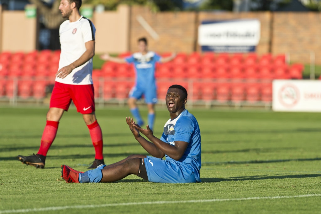 Kimba Kibombo for South West Queensland Thunder against Redlands United in NPL Queensland men round eight football at Clive Berghofer Stadium, Saturday, March 23, 2019. Picture: Kevin Farmer