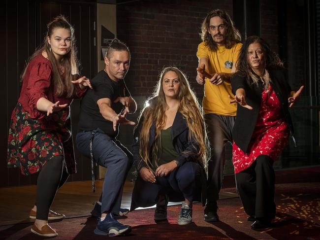 Members of Tasmanian Aboriginal dance troupe pakana kanaplila, (L-R) Niara Mansell, Nathan Thomas-Pitchford, Sinsa Mansell, Harley Jac Mansell and Janice Ross at Hobart’s Theatre Royal. Picture: Chris Kidd