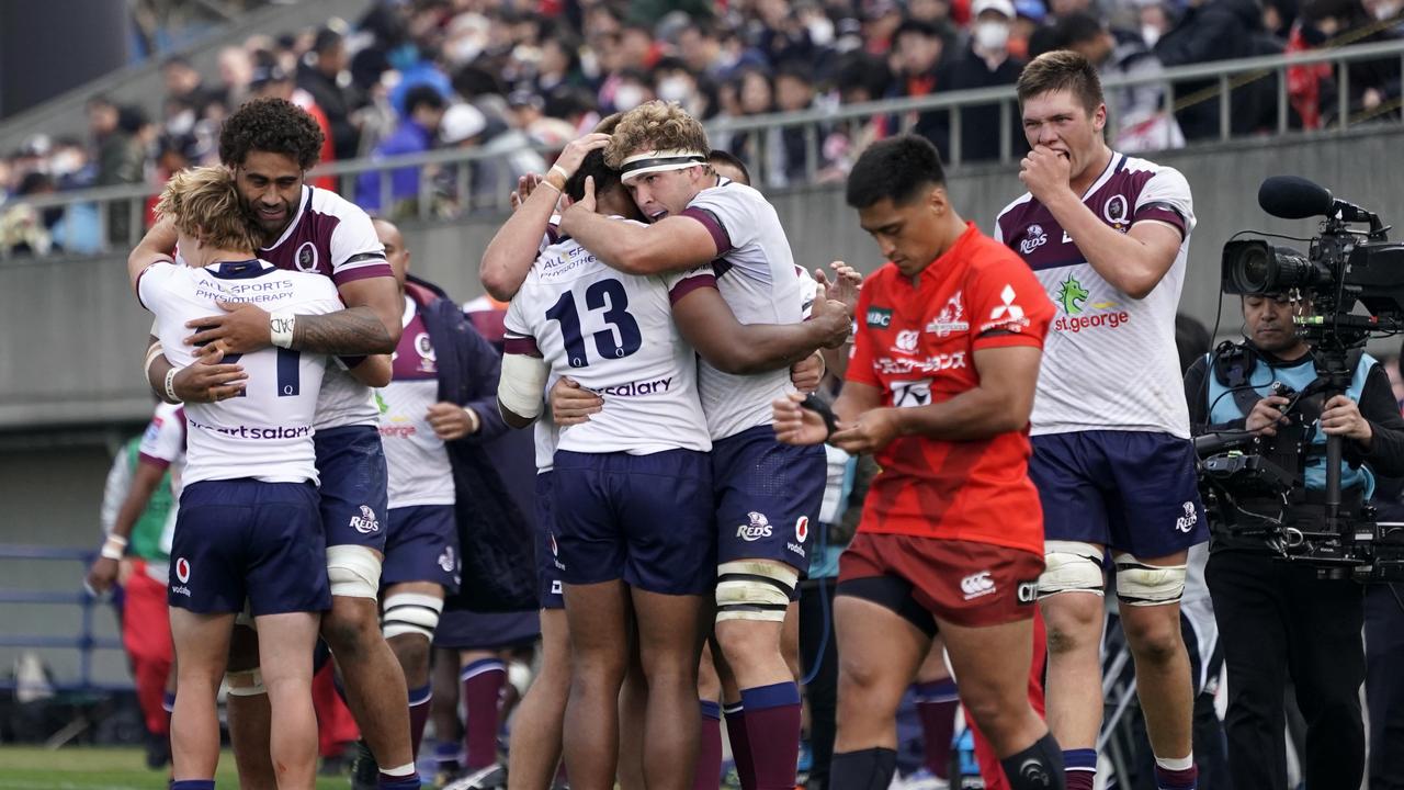 Reds players celebrate their 34-31 victory at Prince Chichibu Memorial Ground on March 16, 2019 in Tokyo, Japan.