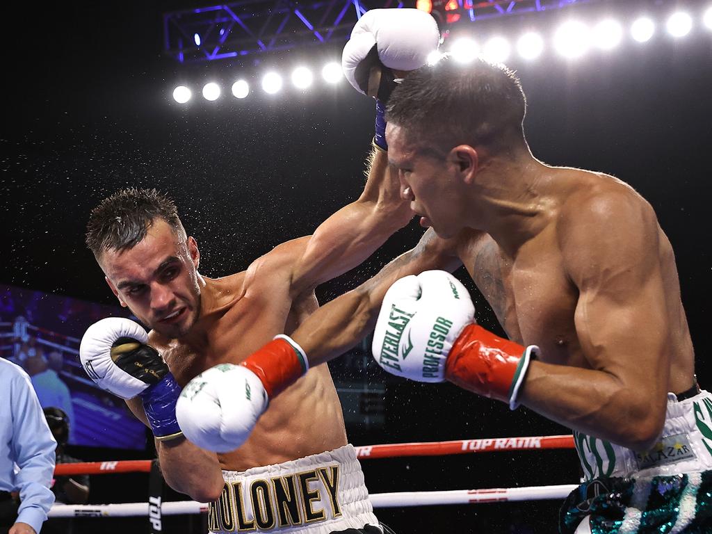 Moloney (left) and Joshua Franco exchange punches during their fight for the WBA super flyweight championship in August this year. Picture: Top Rank Inc via Getty Images